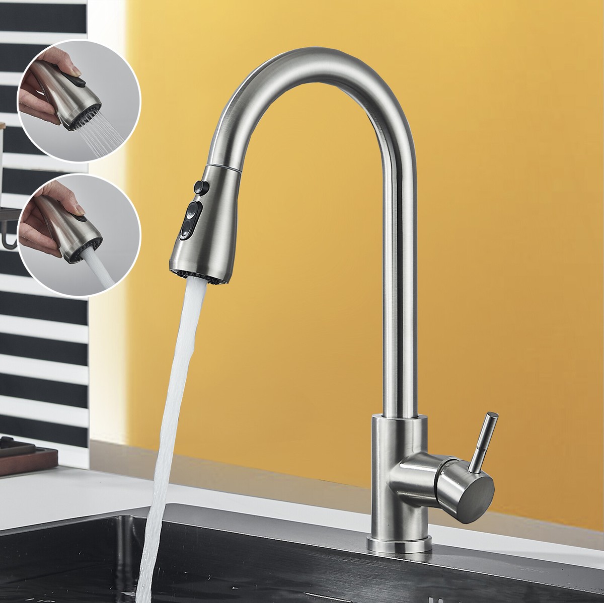 HOIGY Waschbecken Wasserhahn Set Gebürstetes Nickel – Wasserfall-Design, 3-Loch, Mit Pop-Up-Ablauf, Einfach Montierbar