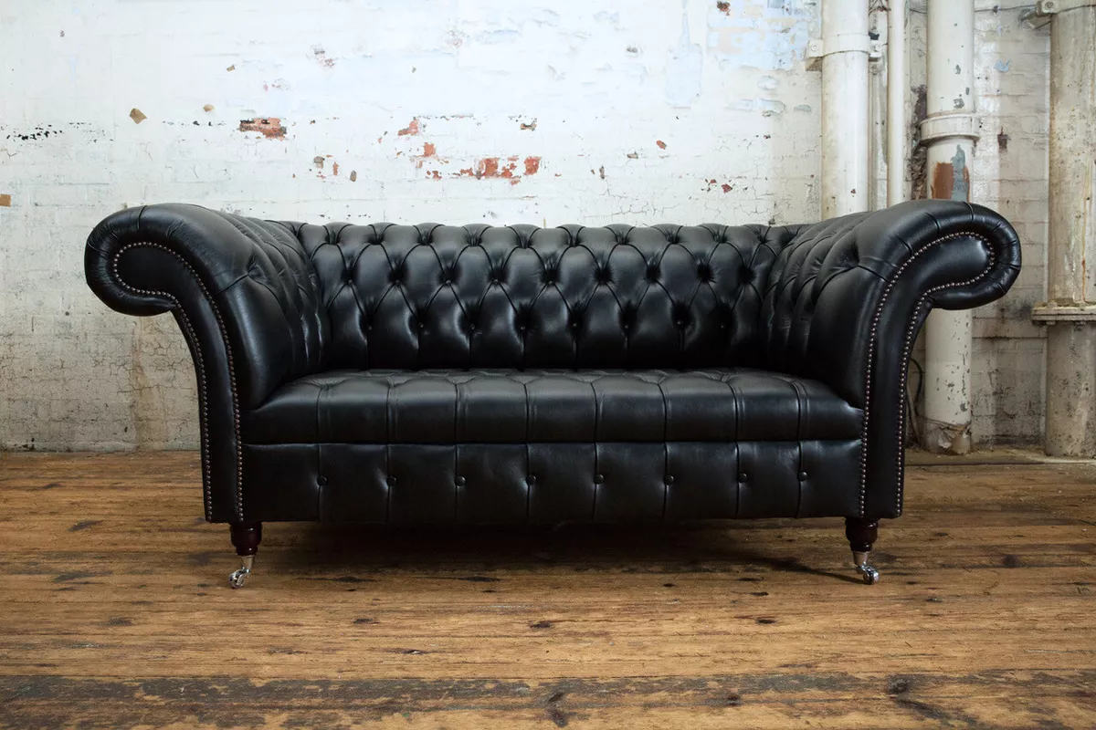 Classic Handmade 2 Seater Vintage Black Aniline Leather Chesterfield Sofa