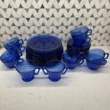 VINTAGE HAZEL ATLAS MODERNTONE BLUE COBALT DEPRESSION GLASS SET OF 42 PIECES