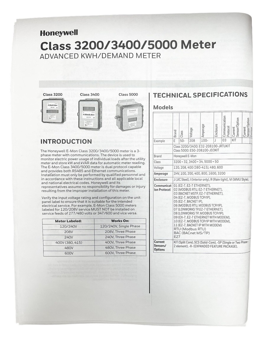 wat does a bac of7 com.208 E-MON Submeter HONEYWELL CLASS 3200 KWH SMART METER