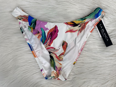 La Blanca Size 12 White Tropical Floral Paradise Scoop Front Bikini Bottoms New