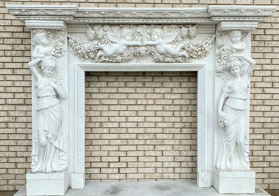 华丽大号手工雕刻意大利大理石壁炉地幔小天使 — 第 4/4 张图片