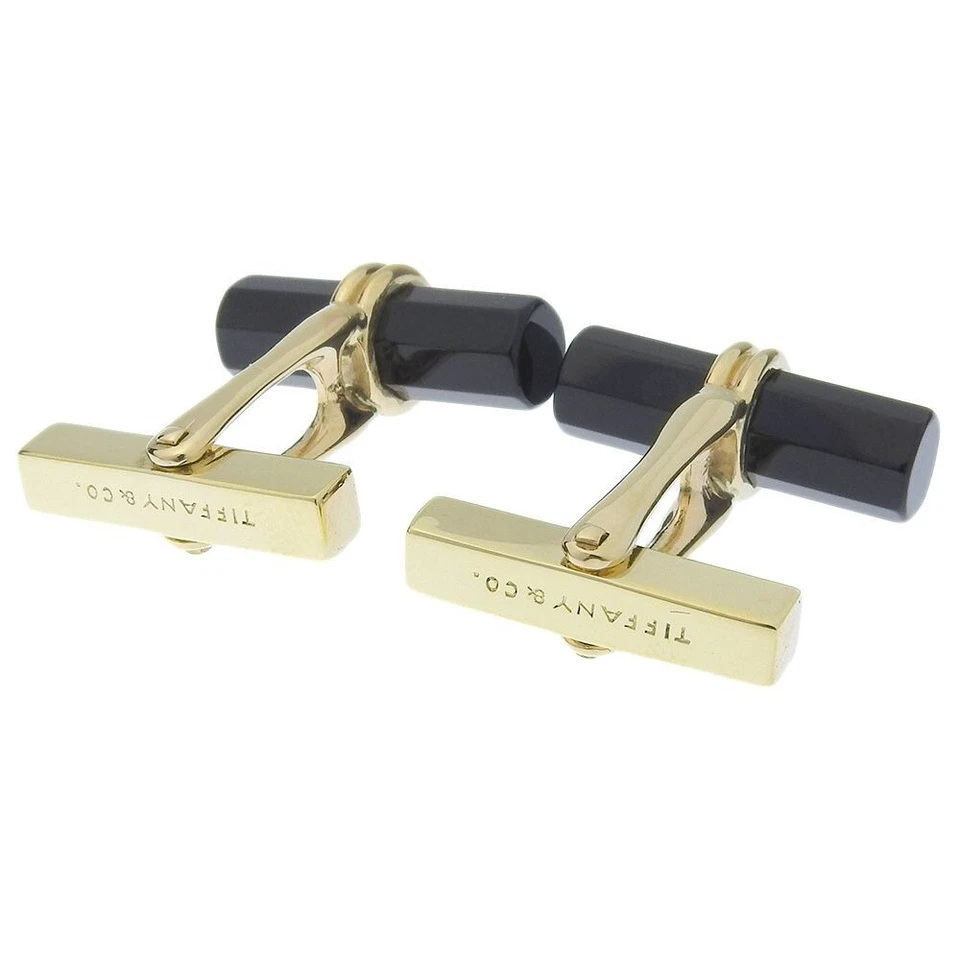 Auténtico TIFFANY&Co. Gemelos de oro amarillo y ónix K14 para hombre usados Foto 3 de 4