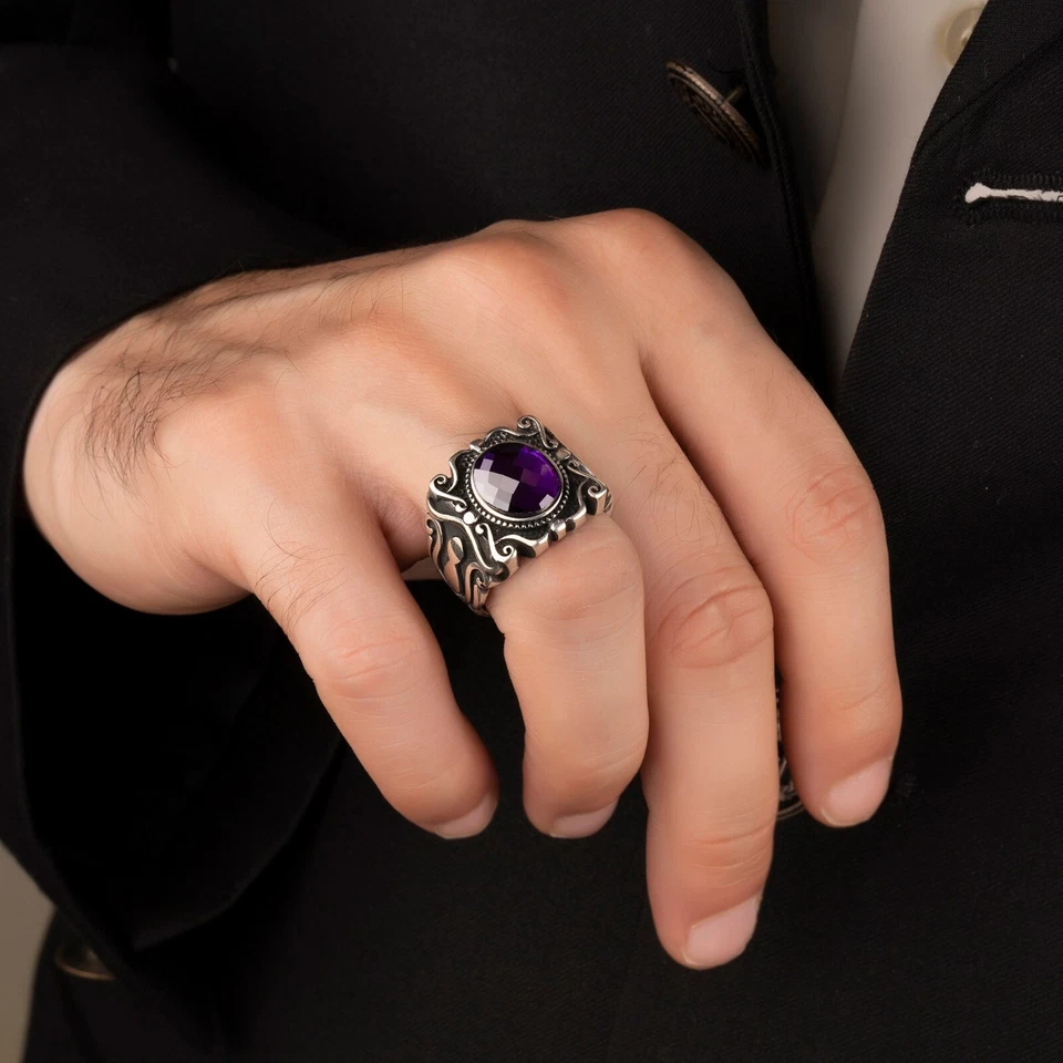 Anillo de plata de ley 925 maciza piedra de circón púrpura para hombre todas las tallas Foto 2 de 4