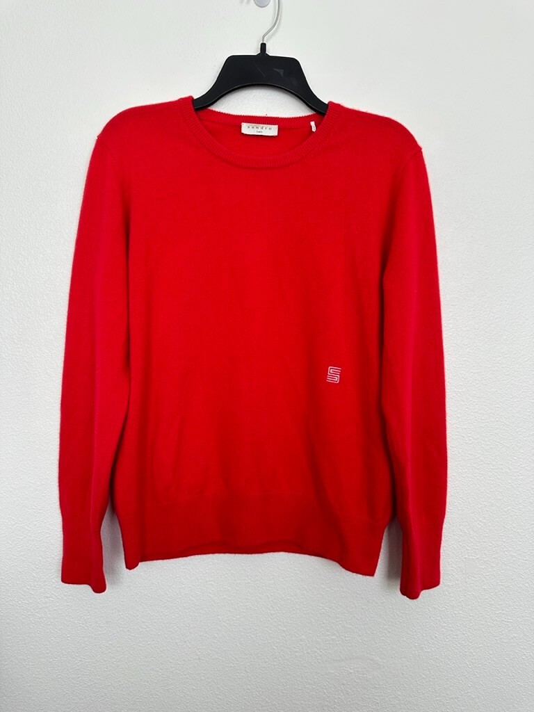 Sandro Paris Cashmere Embroidery Crewneck Sweater Pullover Red
