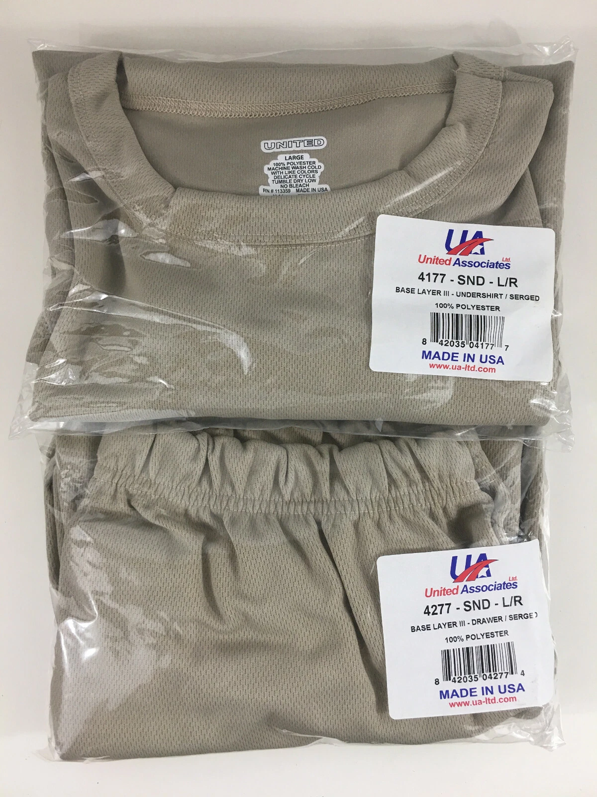 United Join Forces Mid Wt Base Layer L/S Crew & Pant Serged M's Lg Sand NWT