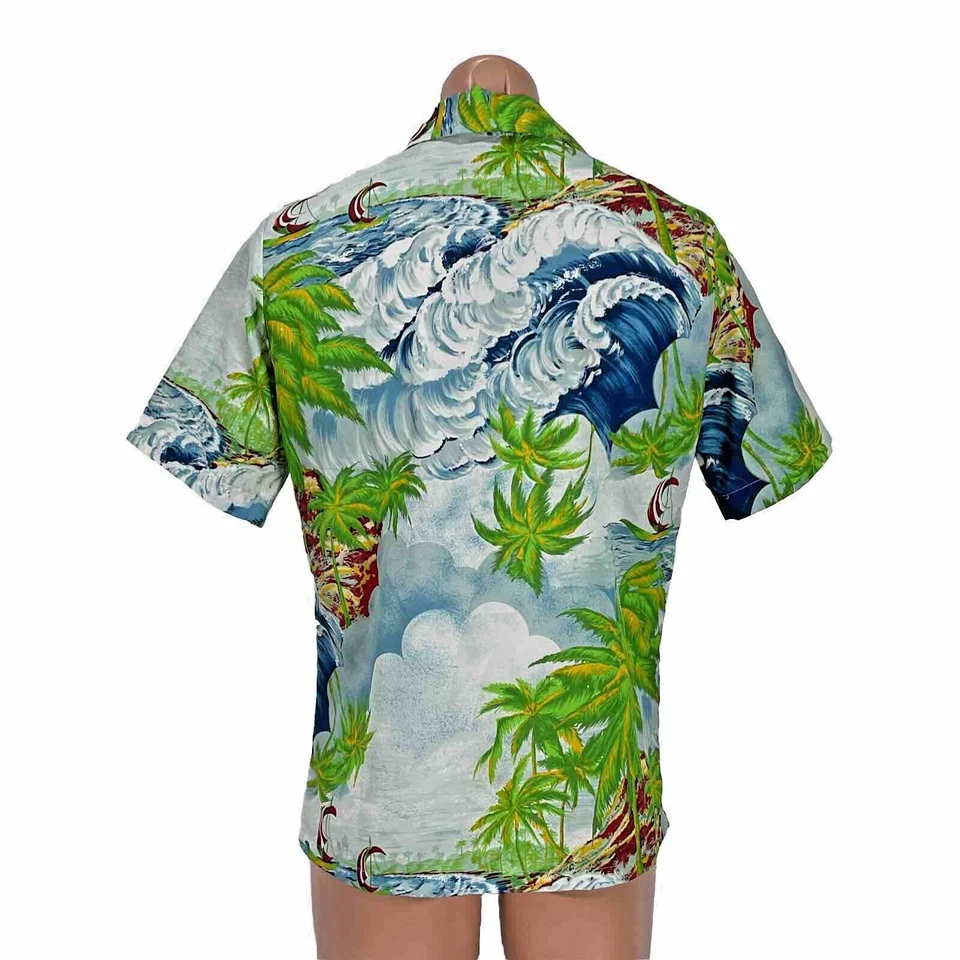CAMISA HAWAIANA VINTAGE AÑOS 70 SEARS KINGS ROAD talla L Ocean Palm Trees RARA Foto 2 de 4