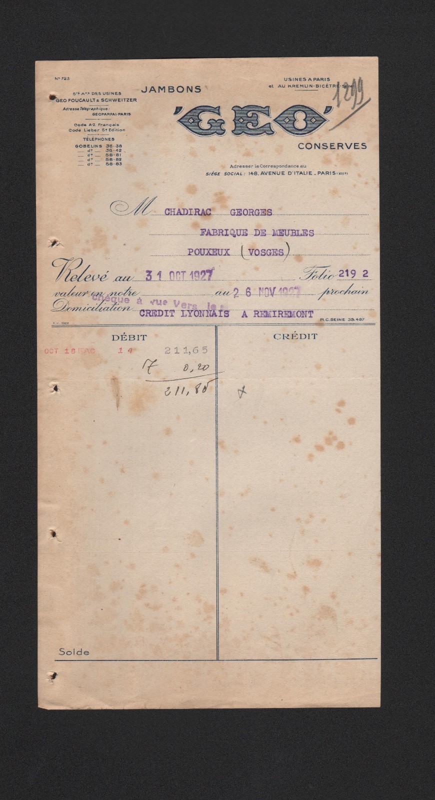 PARÍS, factura 1927, Jambon GEO Saucissons Salaisons Condiments Relevé