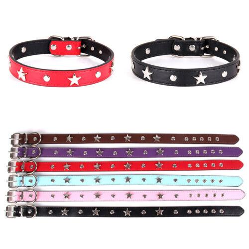Star Studded Pet Dog Collar PU Leather Puppy Neck Strap Cat Collar Adjustable - Picture 1 of 18