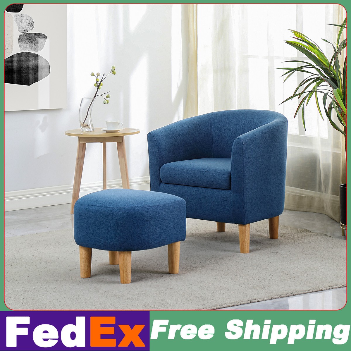 Modern Living Room Armchair with Ottoman Footrest, Upholstered
