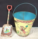 j cheins & co vintage "roundup" toy tin bucket cowboy & indian w/ohio art shovel