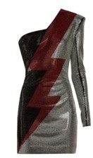 Balmain Paris Crystal Lightning Bolt Asym Dress XS Silver Black Mini