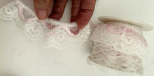 VTG 3 1/3Yd 121"L White Scalloped Pink Ribbon RUFFLED LACE TRIM 1 1/2"W Floral