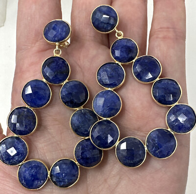 WOW Show Stopper Large Blue Sapphire Sterling Silver Gilt Long Dangle Earrings