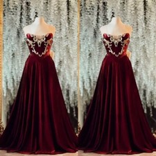 Burgundy Velvet Women Evening Dresses Gold Appliques Strapless A Line Prom Gowns