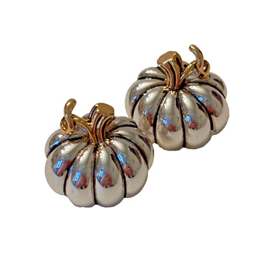 Best Pumpkin Earrings Silver Tone w/ Gold Tone Stem & Leaf Ribbed 3D Design Fall