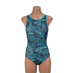 Sylvia P Gymnastic LEOTARD Teal Foil Metallic Monstera Print Bodysuit BLING AS
