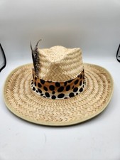 Fancy Straw Leopard Print Banded Women s Cowboy Hat W/ Feather