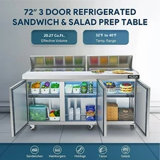 NSF 72.4" Sandwich Prep Table 3 Door Pizza Cooler 18 Pan in Stainless Steel ETL