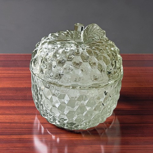 Bonbonnière vintage Jeanette verre taillé diamant pomme bibelot avec couvercle 5,5" T - Photo 3 sur 13