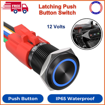 16mm Latching Push Button Switch 12V DC On Off Black Shell W/ LED Angel Eye Head