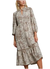 Umgee Landscape Print Midi Dress Brown Tan Puff Sleeve Ruffle Women’s Medium
