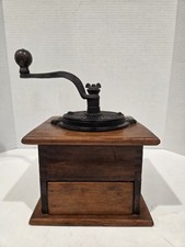 Vintage Antique Wood Coffee Bean Burr Grinder Mill Manual Cast Iron Hand Crank