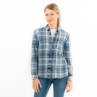 Womens Check Shirt Blue Denim Blouse Long Sleeve Distressed Button Up Pockets