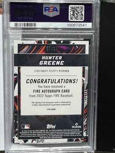 2022 Topps Fire rookie Auto Gold /10 #FA-HGR Hunter Greene PSA 10 - Picture 3 of 6