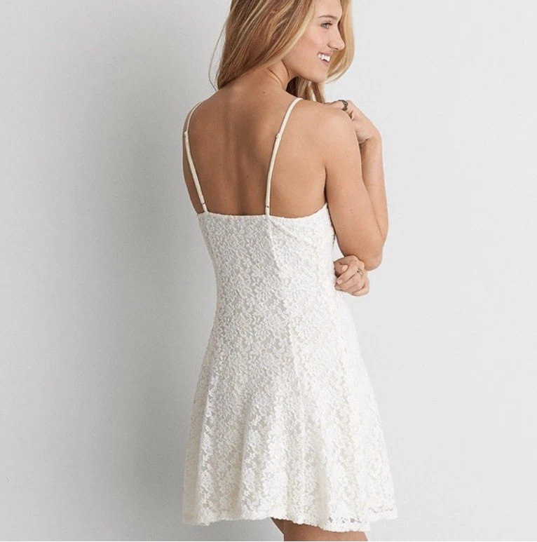 American Eagle White Lace Mini Babydoll Dress with Lace Up Front Size Medium - Image 2 of 4