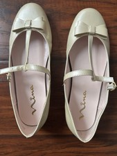 Girls Nina Cream Metallic Patent Leather T Strap Ballet Flats W/Bow Sz 6
