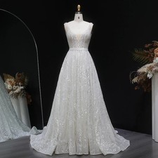 White V-Neck Appliques Pearl Beaded Wedding Dress Romantic Bride Gown Customized