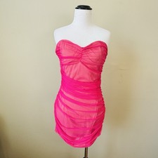 NEW Shein Large BAE Off Strapless Ruched Bodycon Dress Hot Pink Illusion Sheer