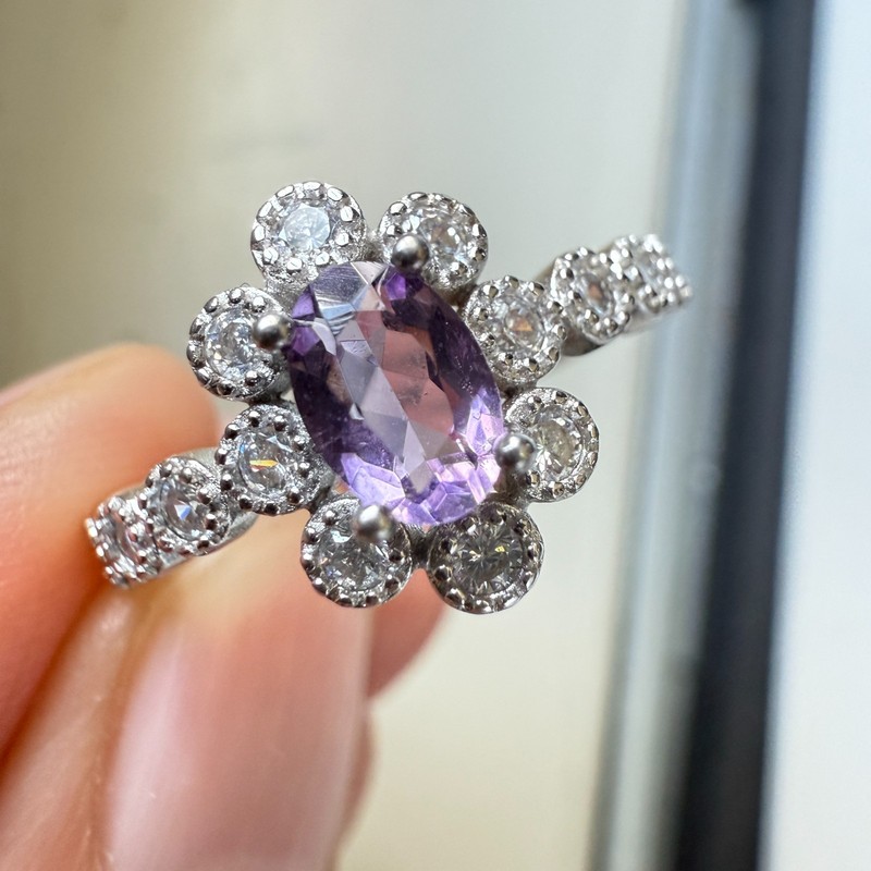 925 Sterling Silver Ring 6x4mm Natural Purple Amethyst Gemstone Zircon Flower
