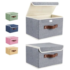 2/4/6Pcs Linen Foldable Storage Bins Stackable Closet Organizer w/ Lids ＆ Handle