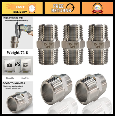 5PCS 3/4'' Male Hex Nipple Pipe Fittings - NPT Stainless Steel Connectors, Equal