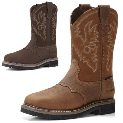 #ad HISEA NINGO Men Leather Western Cowboy Boots Steel Soft Toe Waterproof Work Boot $93.99