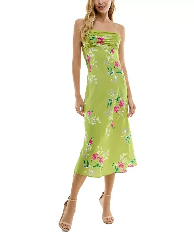 juniors floral dress midi Adjustable Spaghetti Strap Floral Satin Midi Junior Bridesmaid Dress In  Cottage Rose Larkspur
