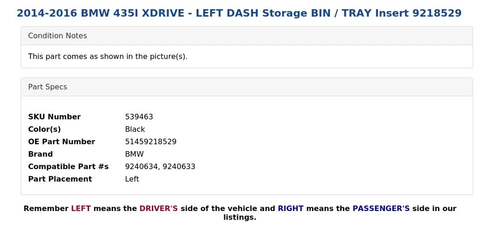 BMW 435I XDRIVE 2014-2016 - Bandeja de almacenamiento con tablero izquierdo 9218529 Foto 3 de 3
