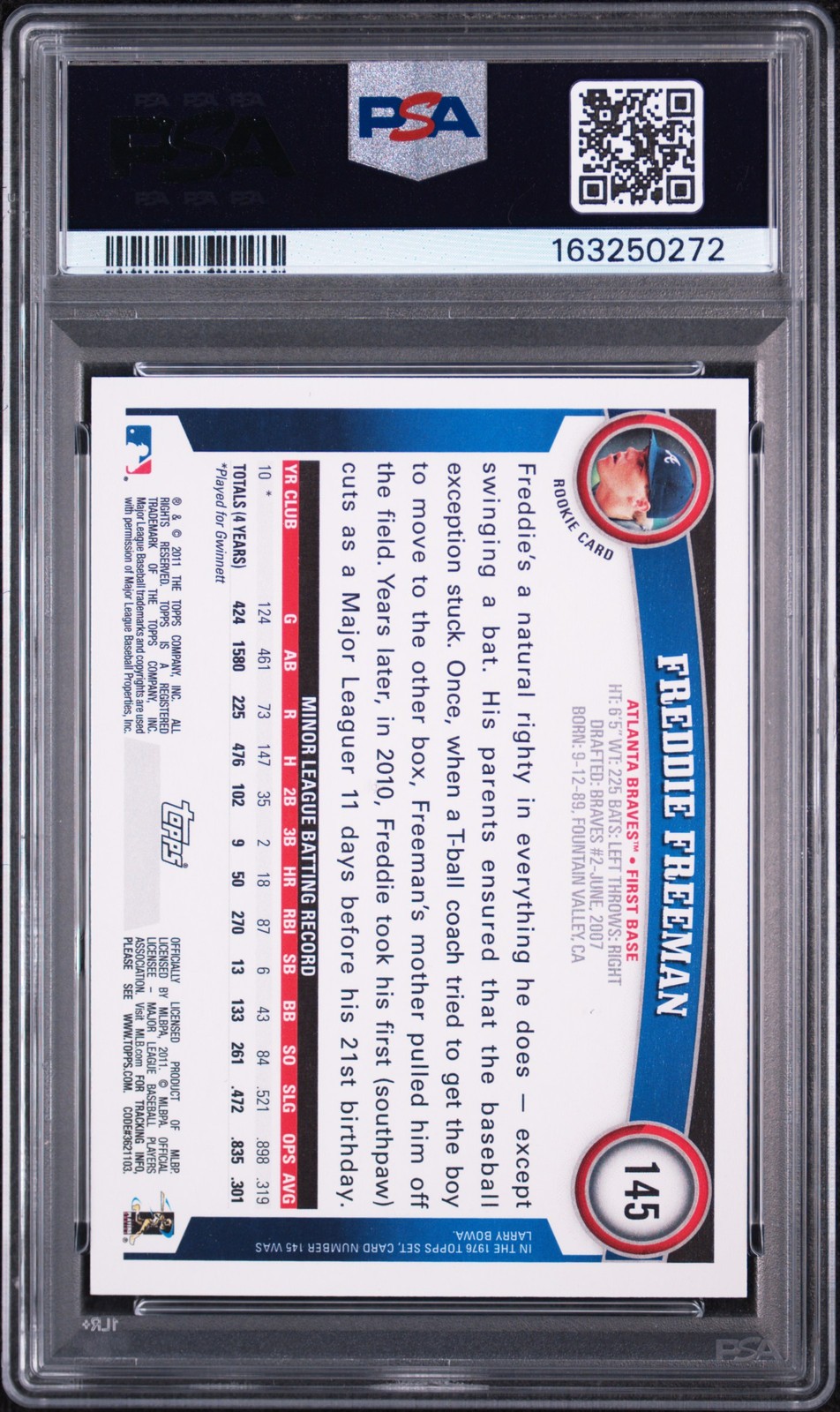 2011 TOPPS #145 FREDDIE FREEMAN ROOKIE RC PSA 10 view 2