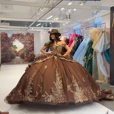 Customized Glitter Brown Quinceanera Dresses Ball Gown Cap Sleeve Beads Applique
