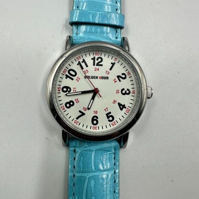 Golden Hour Watch Women Silver Tone Round Dial Blue Leather Band New Battery 9''