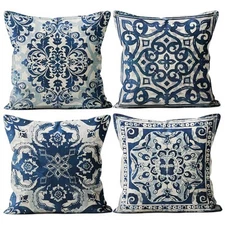 Blue Throw Pillow Covers - Linen Blue Pillow Covers 18x18 Set of 4, Decorative 