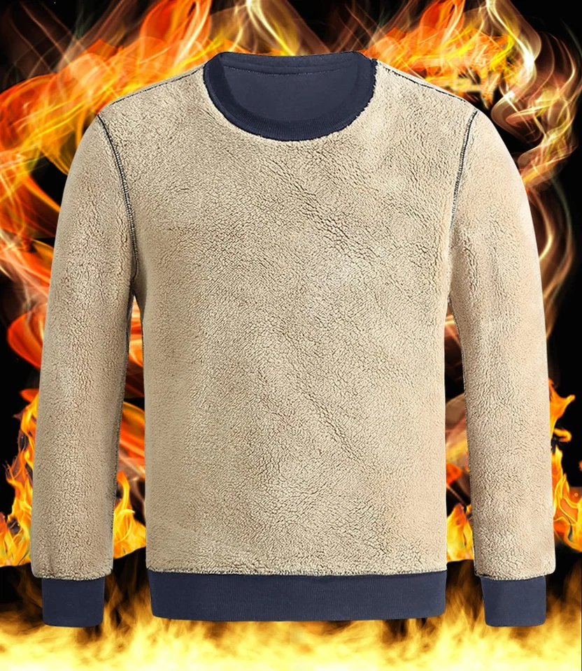Мужские повседневные толстовки шерпа с подкладкой зимние теплые флисовые пуловер рубашки с круглым вырезом - Изображение 4 из 4