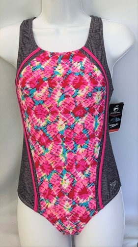 SPEEDO Girls DIGI ZIG ZAG HEATHER SPORT SPLICE pink/gray 1pc  Swimsuit, 16 - Picture 1 of 2