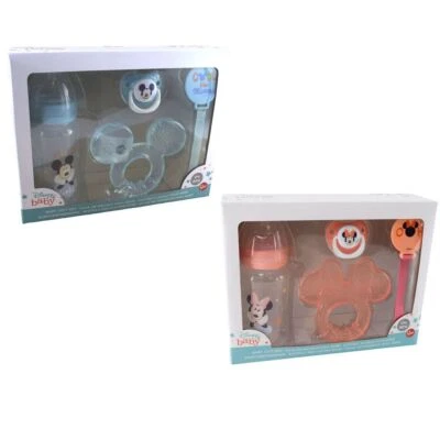 STOR Disney Baby Mickey / Minnie Set mit Schnuller, Befestigung, Beißring & Flasche