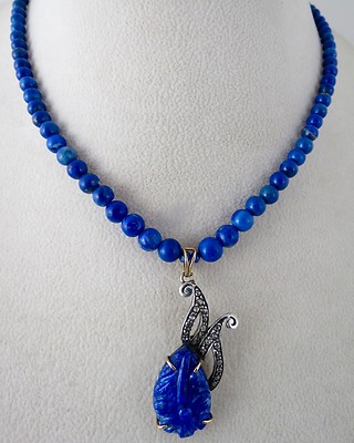 Blue Natural Lapis Lazuli 10ct Natural Diamond Victorian Sterling Silver Pendant