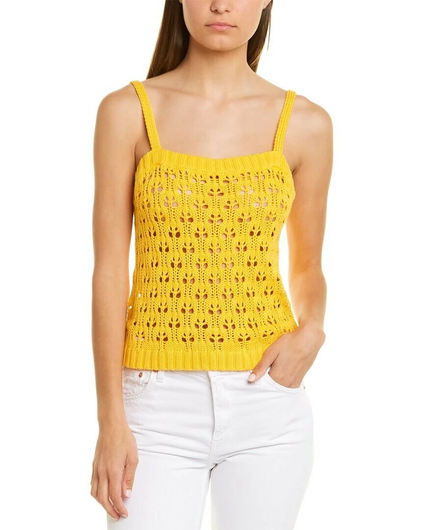 525 Crochet Loose Knit Yellow Pointelle Tank Top Spaghetti Strap