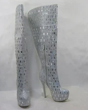 Silver Rhinestone 5.5"Stiletto Heel 2"Platfor over Knee Boot WOMEN Size  6