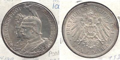 1901-A German Empire {Prussia} Wilhelm II Uncirculated 5 Marks Silver Coin